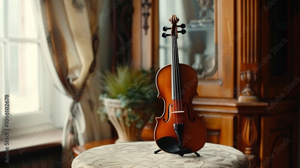 Aufkleber a violin rests on its stand its delicate features adding to the elegant atmosphere of the room.