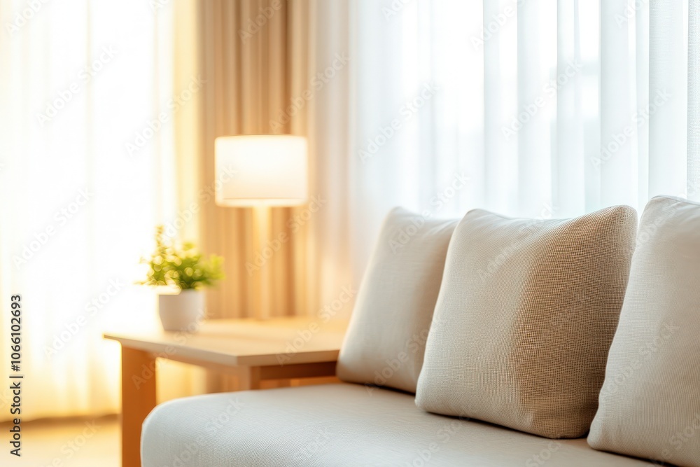 Poster white couch with three pillows and a lamp on a side table in a living room with a window in the back
