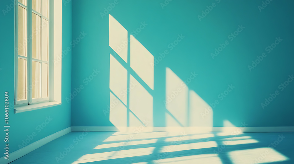 Poster Minimalistic simple abstract light blue background for product presentation, Shadow and light from windows on wall
