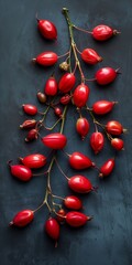 A close-up view of a rose hip branch with vibrant red berries against a dark background, showcasing the fresh, organic beauty and natural texture of these wild fruits.