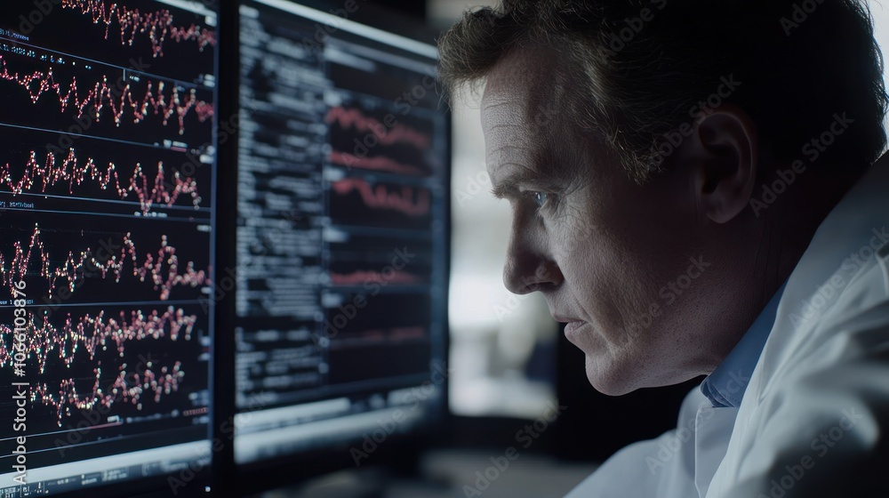 Aufkleber A Man in a White Coat Scrutinizing Financial Data on a Computer Screen
