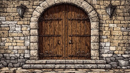 Fototapeta premium Ornate Wooden Doorway in a Stone Wall.