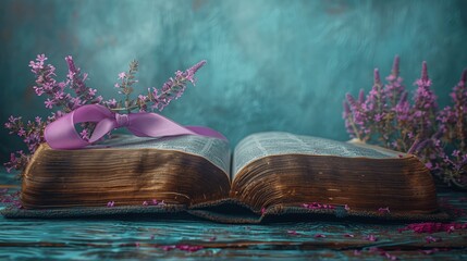 Open Bible with Purple Ribbon Bookmark on Wooden Table, Ash Cross Visible, Devotion and Quiet Reflection During Lent
