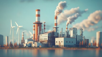 Obraz premium Industrial complex with smokestacks and wind turbines.