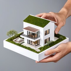 Miniature modern house model, green roof, white cubic structure