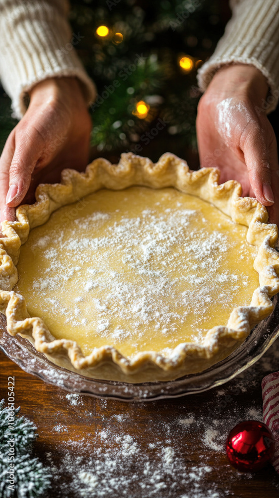 Poster a person is holding a pie with powdered sugar on top. the pie is placed on a table with a christmas 