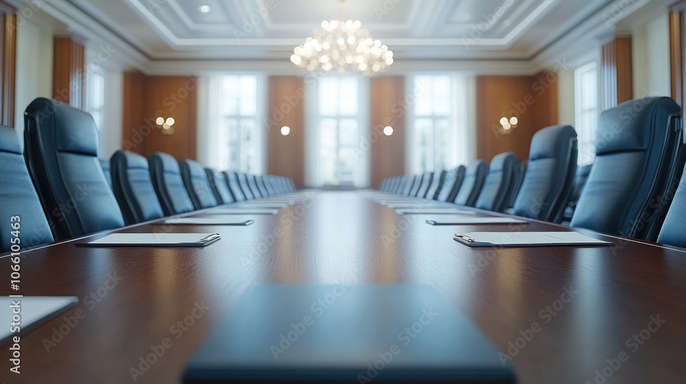 Poster A large conference room with a long table and many black chairs. The chairs are arranged in rows and the table is covered with papers. The room is filled with a sense of formality and importance