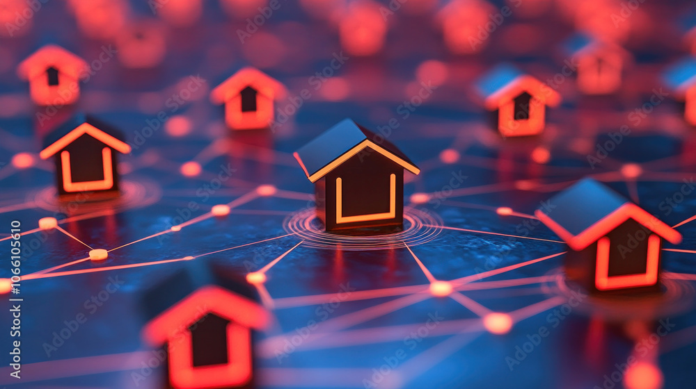 Aufkleber a group of houses are connected to each other in a network. the houses are all different sizes and s