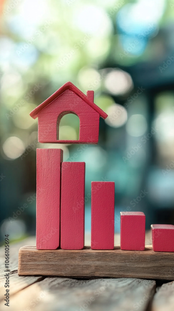 Aufkleber a house is built on top of three wooden blocks. the house is pink and has a window. the blocks are s