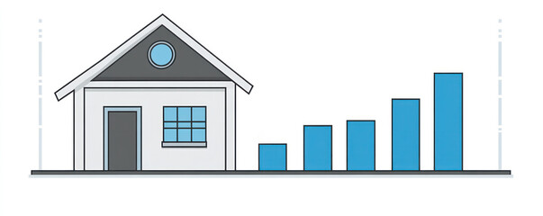 A house is shown with a series of blue bars that are stacked on top of each other. The bars are of varying heights, with the tallest one being the furthest from the house