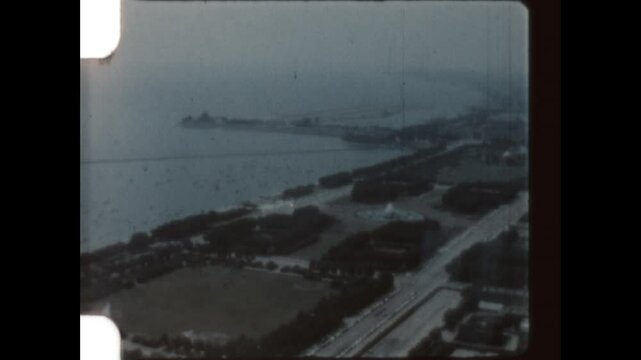 Grant Park From Above 1957 - Monroe Harbor, Grant Park, and Buckingham Fountain are seen from the roof of a nearby building in Chicago, Illinois in 1957.