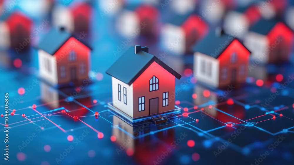 Aufkleber a house is surrounded by a network of wires. the house is the center of the image and the wires are 