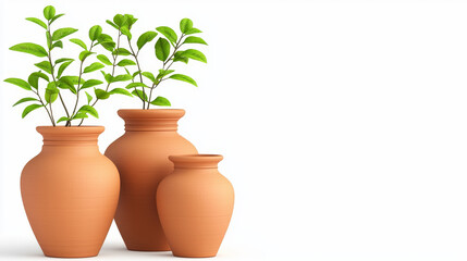 Obraz premium Terracotta vases with green plants, showcasing traditional crafting techniques and natural beauty. Perfect for home decor and enhancing indoor spaces
