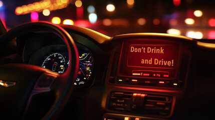 A car dashboard display with the message "Don't Drink and Drive!" emphasizing National Drunk and Drugged Driving Prevention Month and promoting road safety awareness.