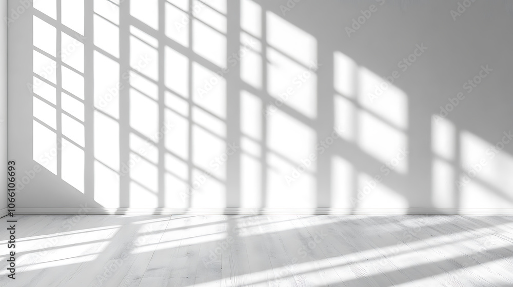 Poster Abstract light reflection and grey shadow from window on white wall background, Gray window shadows and sunshine stripe overlay effect for backdrop and mockup design
