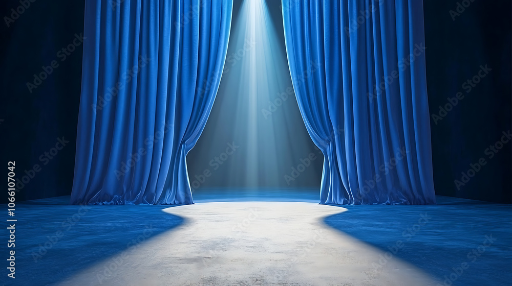 Poster 3d-rendered scene of blue curtains highlighted by a spotlight in an empty theater setting