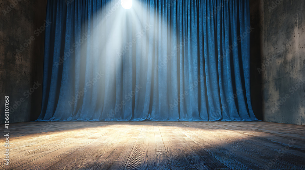 Poster 3d-rendered scene of blue curtains highlighted by a spotlight in an empty theater setting