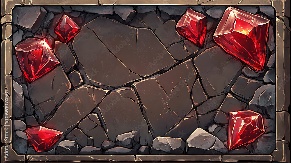 Fototapete Vector UI element for a stone game frame, ideal for RPGs, featuring a medieval rock panel with red gemstone accents