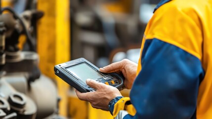 Close-up of a Worker's Hand Holding a Digital Control Panel