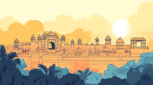 Hand-drawn illustration showcasing the famous architectural landmarks of Rajasthan, including its unique skyline and cultural elements like the Kachhi Ghodi folk dance