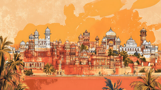 Hand-drawn illustration showcasing the famous architectural landmarks of Rajasthan, including its unique skyline and cultural elements like the Kachhi Ghodi folk dance