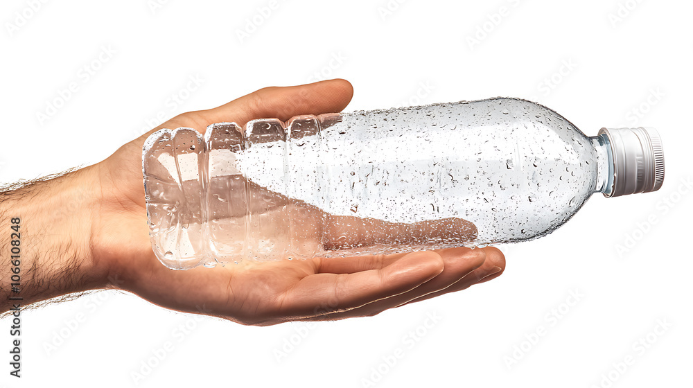 Poster Close-up of a hand holding an empty plastic bottle with visible condensation, isolated on a white background and viewed from the front