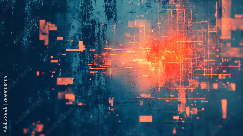 Poster An abstract, grungy background with orange glitch noise set against a blue, scratched texture with dust, creating a damaged screen effect