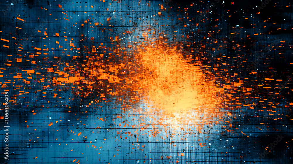 Aufkleber An abstract, grungy background with orange glitch noise set against a blue, scratched texture with dust, creating a damaged screen effect