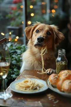 Naklejki Golden retriever steals spaghetti in a humorous dining scene with friends and food