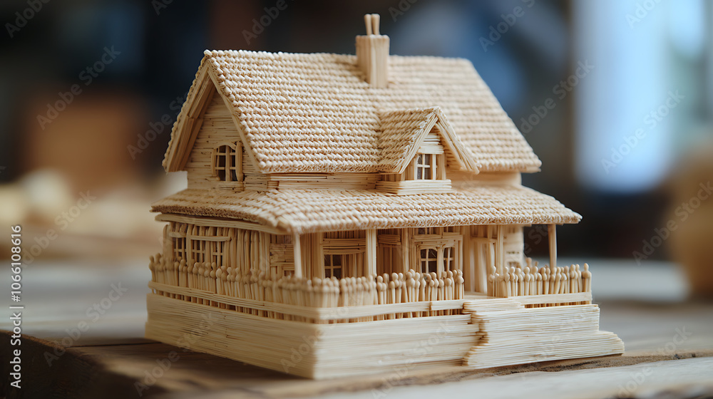 Poster A small model of a house constructed entirely from matchsticks