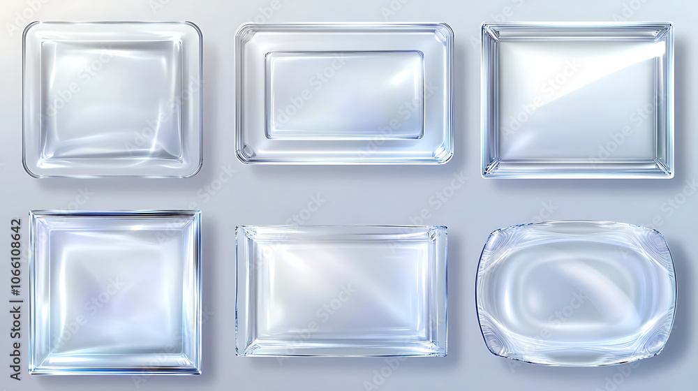 Poster a set of realistic transparent glass plates with acrylic texture and light glares, framed in a recta