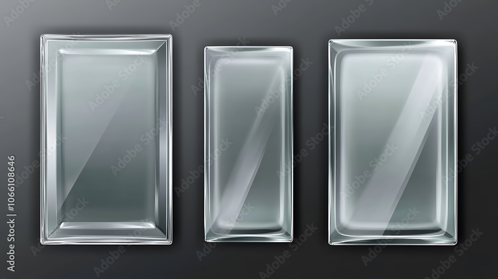 Poster a set of realistic transparent glass plates with acrylic texture and light glares, framed in a recta