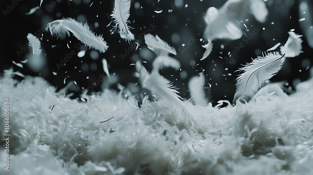 Poster A scene of delicate white feathers falling onto a pile, creating a soft and fluffy texture like swan feathers