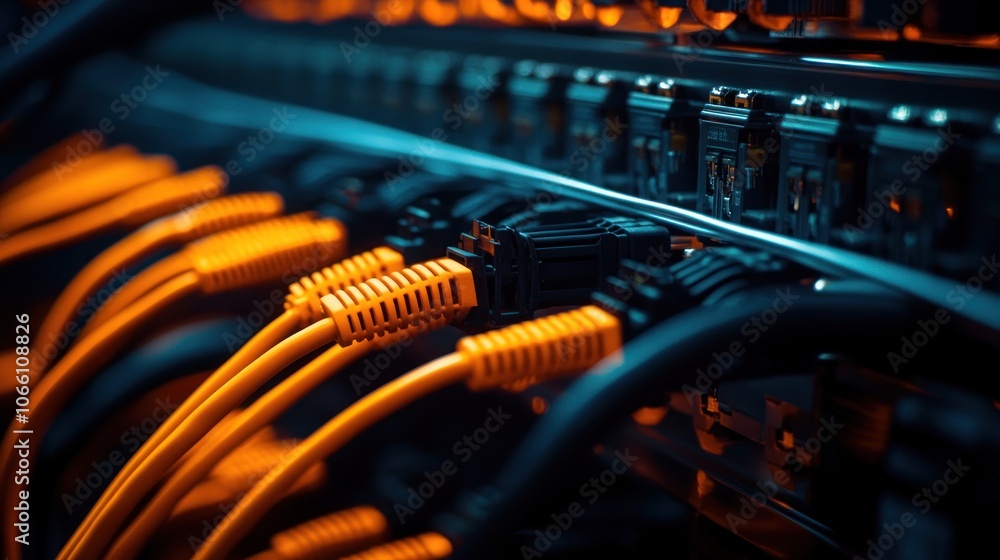 Poster close-up of orange network cables plugged into a server