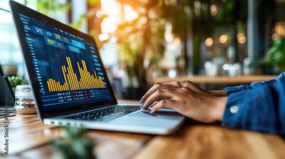 Poster a person's hand on laptop keyboard with stock market data displayed
