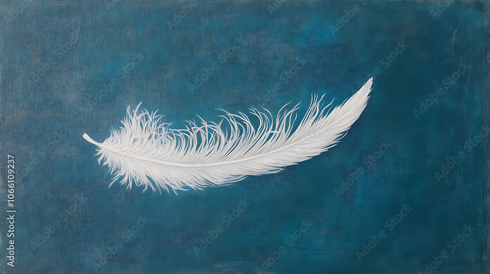 Poster a depiction of a single white feather gracefully falling against a blue background, highlighting the