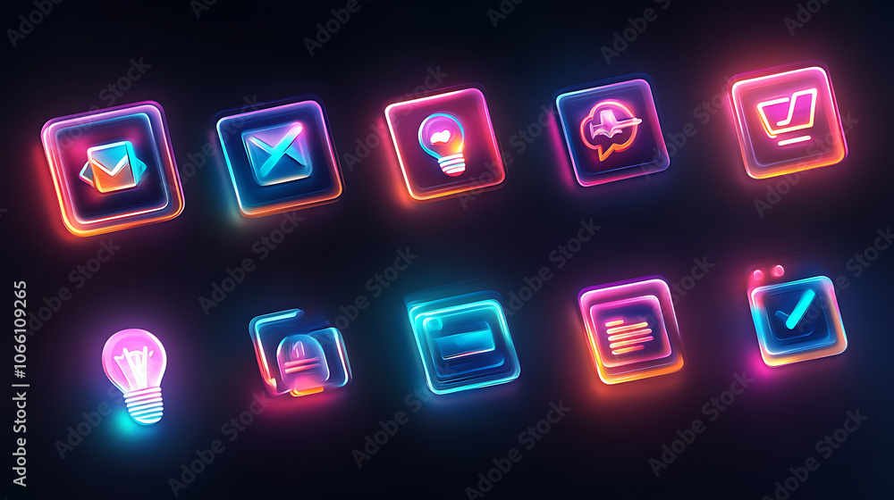 Aufkleber a collection of matte ui icons in a glassmorphism style, incorporating blurred neon gradients, inclu