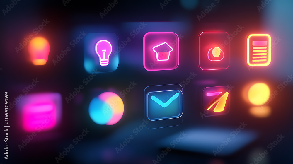 Poster a collection of matte ui icons in a glassmorphism style, incorporating blurred neon gradients, inclu