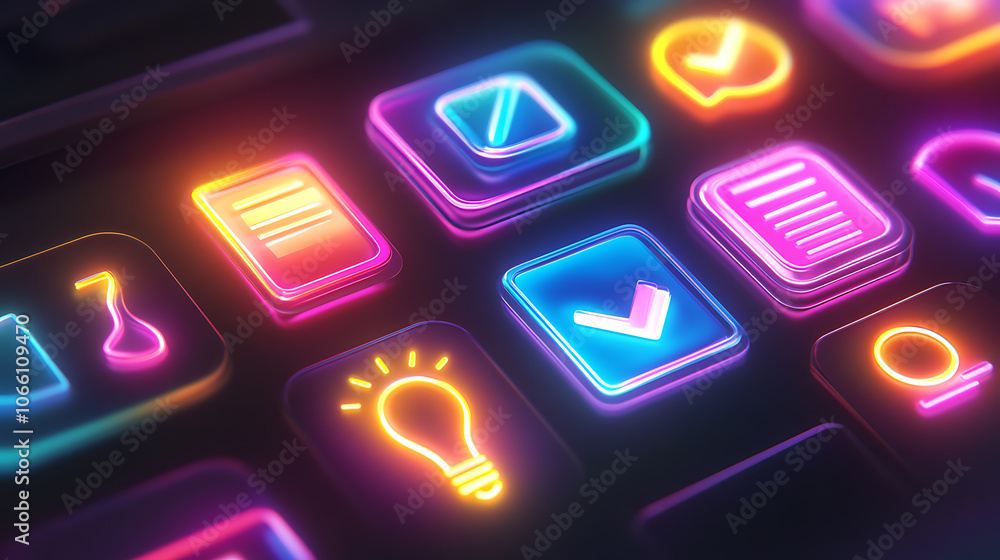 Aufkleber a collection of matte ui icons in a glassmorphism style, incorporating blurred neon gradients, inclu