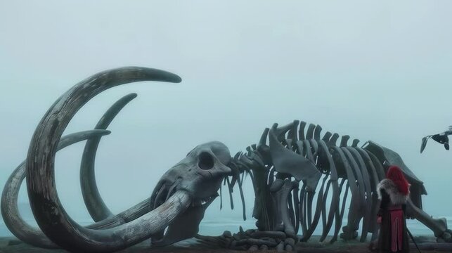 A primitive man in a fur outfit, spear raised, faces a giant mammoth in a dramatic chase through a prehistoric scene