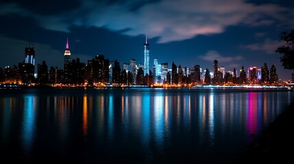 Obraz premium A panoramic view of a modern city skyline at night with towering skyscrapers illuminated by colorful lights reflected in the water.