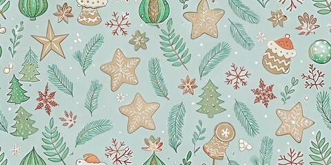 Festive holiday pattern with gingerbread stars and evergreen sprigs