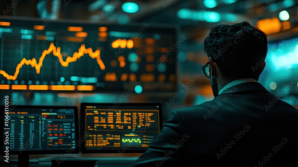 Poster Man in Suit Looking at Computer Screens with Stock Market Data