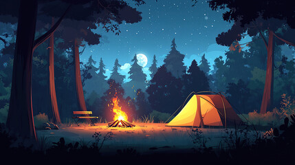 Camping in the forest at night with a tent, campfire, and table on the grass near a tree