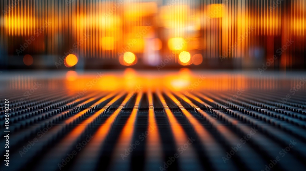 Poster a close-up of a metallic grating with a blurry orange background of distant lights