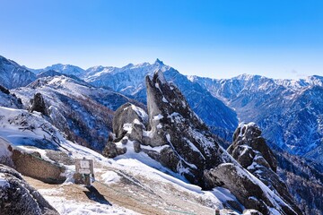 冠雪の北アルプスの槍ヶ岳とイルカ岩