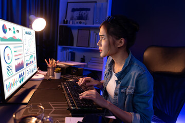 Smiling young beautiful asian creative looking on pc of profit of sales target report and writing on notebook for memo with planning invest new strategy market project at neon light night. Stratagem.