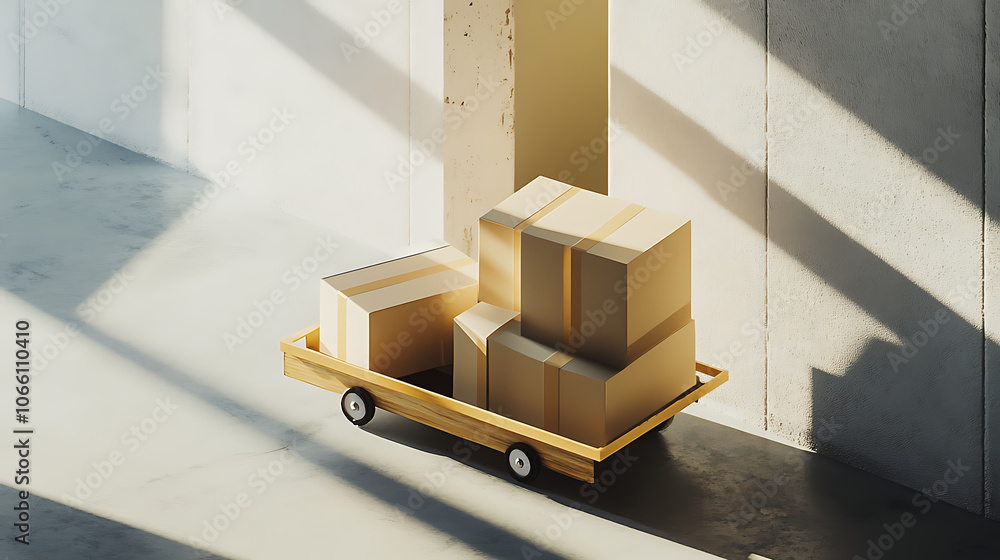 Poster stacked cardboard boxes on modern logistics trolley clean minimalist composition with subtle shadows