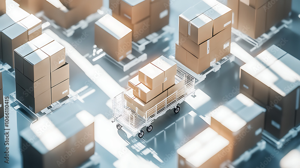 Poster stacked cardboard boxes on modern logistics trolley clean minimalist composition with subtle shadows