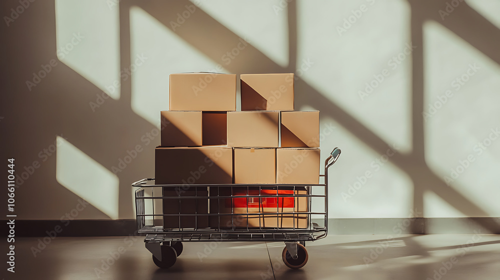 Poster stacked cardboard boxes on modern logistics trolley clean minimalist composition with subtle shadows